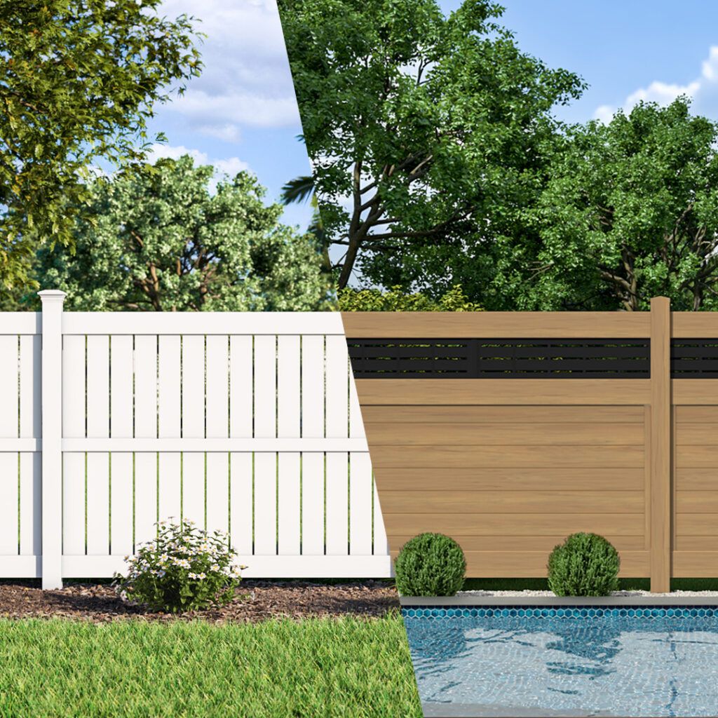 A split image showing the different types, styles, and colors or vinyl fencing offered by Hurricane Fence Company & ActiveYards.