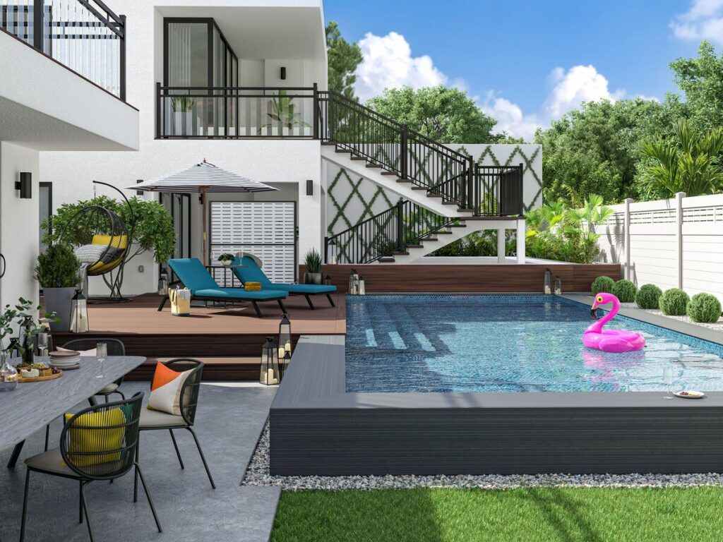 A modern and decorated for a fun afternoon by the pool.